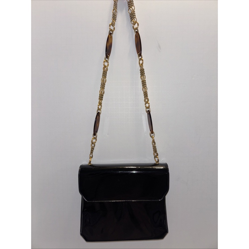 Vintage Black Patent Leather Purse Handbag Gold Chain Shoulder Bag